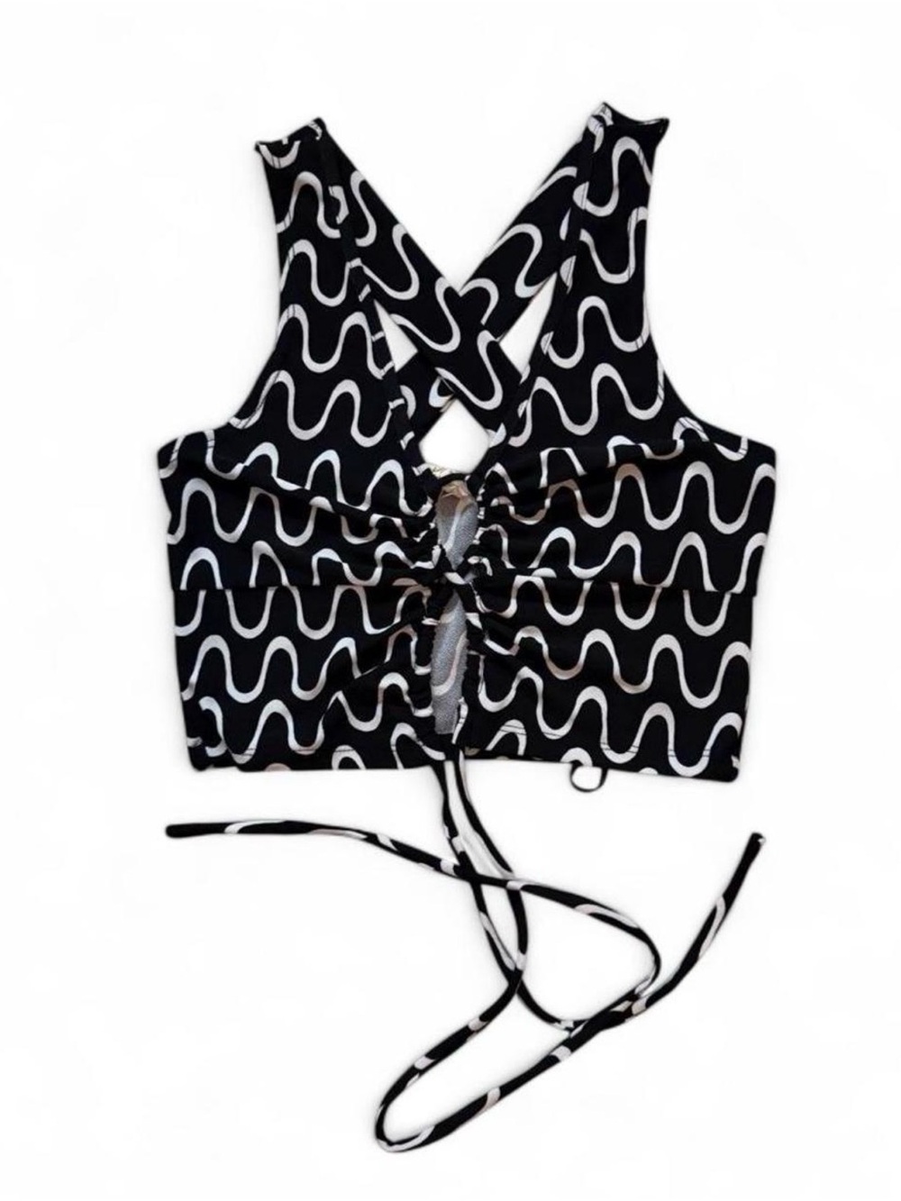 Meraki Black & White Wave Pattern Runched Front Tie Crop Top